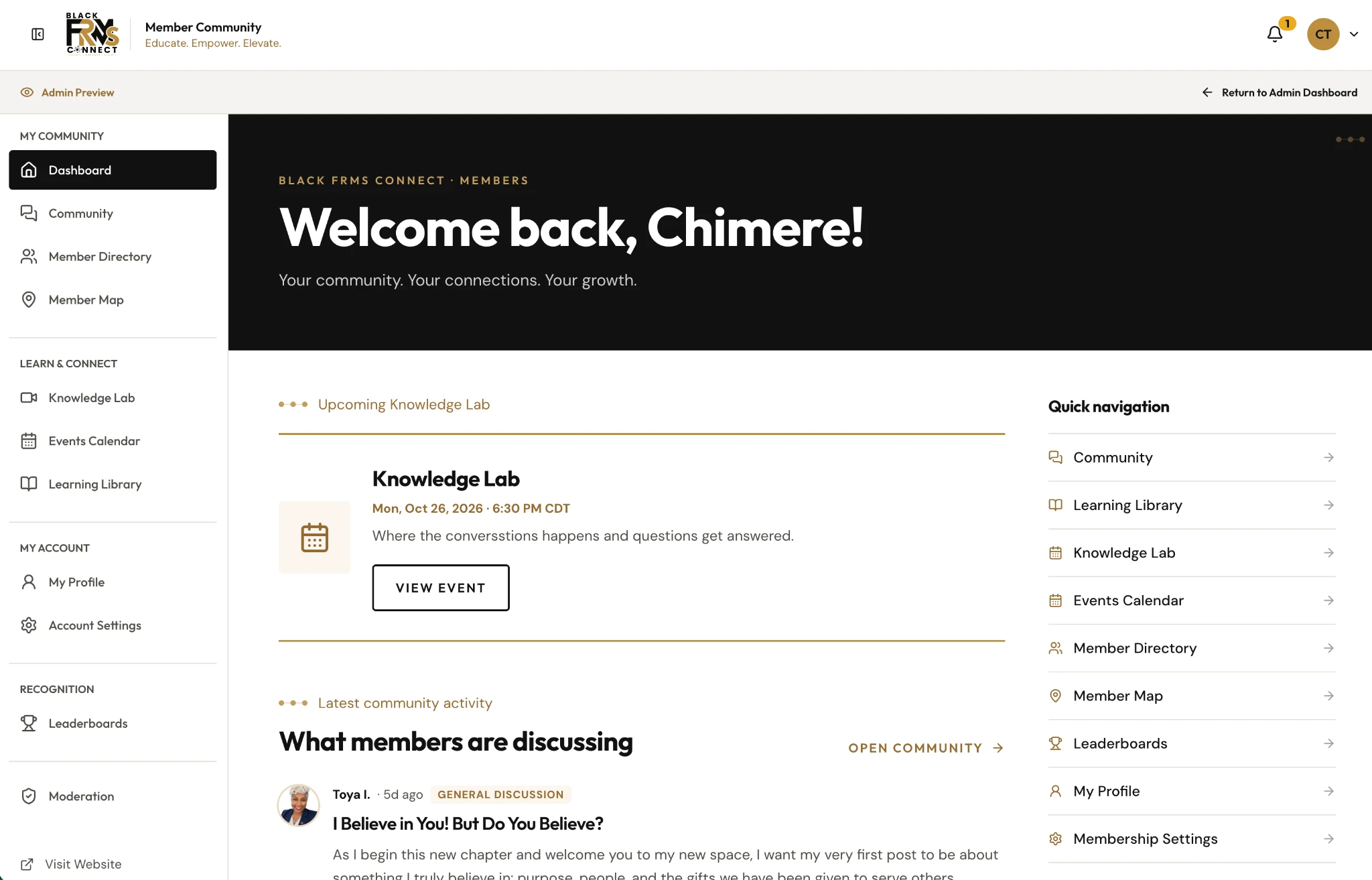 Black FRMs Connect | Private membership dashboard preview