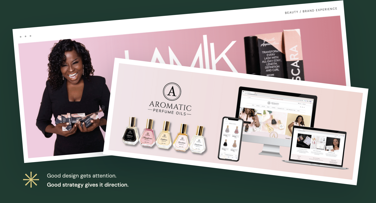 Layered LAMIK Beauty and Aromatic Perfume Oils presentation showing brand, packaging, and digital design