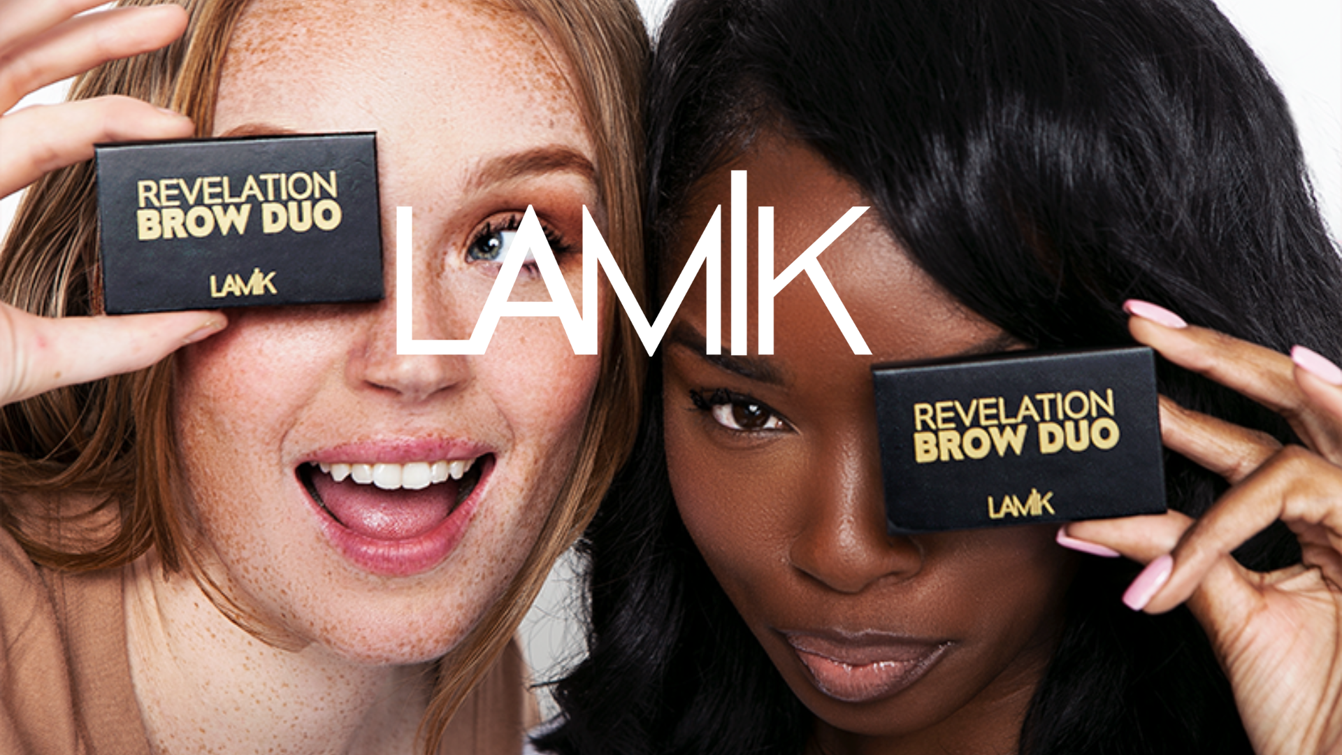 LAMIK Beauty Shopify hero artwork featuring two models holding Revelation Brow Duo products