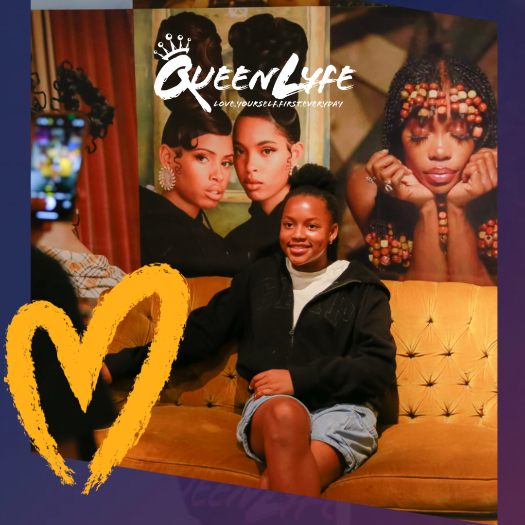 QueenLyfe branded community portrait with logo and gold heart